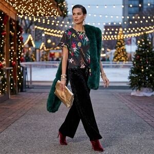 Worthington Womens Black Floral Tie Front Blouse Top Size M Holiday Christmas